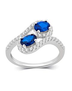 DiamondMuse Created Blue and White Sapphire Gemstone Sterling Silver Two Stone Ring for Women