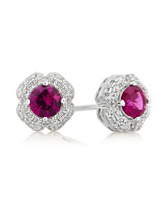 DiamondMuse Created Ruby and White Sapphire Gemstone White Flower Frame Women's Stud Earring in Sterling Silver