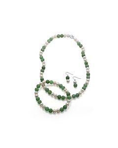 DiamondMuse Jade And White Pearl Necklace Bracelet Earring Set In Sterling Silver