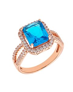 Elegant Confetti Women's 18K Rose Gold Plated Blue CZ Simulated Cushion Diamond Halo Statement Cocktail Ring