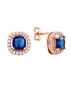 Elegant Confetti Women's 18K Rose Gold Plated Blue CZ Simulated Cushion Diamond Halo Stud Earrings
