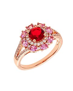 Elegant Confetti Women's 18K Rose Gold Plated Red and Pink CZ Simulated Diamond Floral Halo Ring