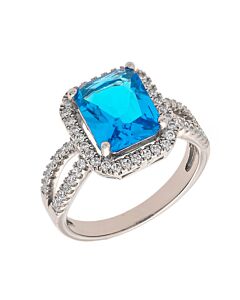Elegant Confetti Women's 18K White Gold Plated Blue CZ Simulated Cushion Diamond Halo Statement Cocktail Ring