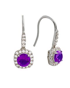 Elegant Confetti Women's 18K White Gold Plated Purple CZ Simulated Cushion Diamond Halo Drop Earrings