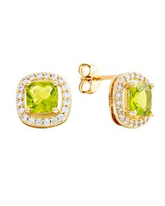 Elegant Confetti Women's 18K Yellow Gold Plated Light Green CZ Simulated Cushion Diamond Halo Stud Earrings