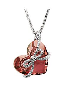 Fine Silver and Rhodium Plated Bronze Swarovski Crystal Heart and Bow Pendant Necklace, 18"