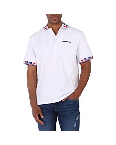GCDS Men's White Tape Logo Cotton Polo Shirt