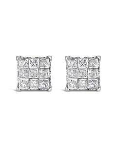 Haus of Brilliance 10K White Gold 1/2 Cttw Invisible Princess-cut Diamond 9 Stone Composite Stud Earrings (I-J Color, I3 Clarity)