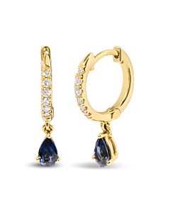 Haus of Brilliance 10K Yellow Gold Pear Blue Sapphire and 1/10 Cttw Diamond Drop and Dangle Huggy Hoop Earrings (H-I Color, I1-I2 Clarity)