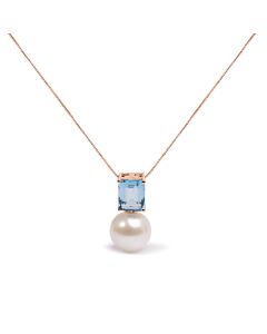 Haus of Brilliance 14K Rose Gold 11MM Cultured Freshwater Pearl and 9x7mm Octagon Swiss Blue Topaz Pendant Necklace - 18" Inches