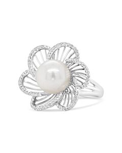 Haus of Brilliance 14K White Gold 11mm Round Pearl and 1/3 Cttw Round Diamond Openwork Flower Blossom Ring (H-I Color, VS1-VS2 Clarity) - Size 6.50