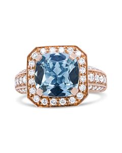 Haus of Brilliance 18K Rose Gold 10x10mm Cushion Shaped Aquamarine and 1 1/8 Cttw Round Diamond Halo Ring (F-G Color, VS1-VS2 Clarity) - Ring Size 6.5