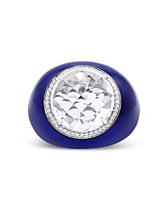 Haus of Brilliance 18K White Gold 14mm White Quartz and 1/5 Cttw Diamond Halo with Blue Enamel Dome Ring (F-G Color, VS1-VS2 Clarity) - Ring Size 7