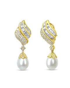 Haus of Brilliance 18k Yellow Gold 7.0 Cttw Baguette and Round Diamond South Sea Pearl Drop Dangle Clip-On Detachable Earrings (F-G Color, VS1-VS2 Cla