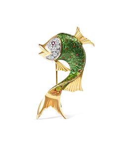 Haus of Brilliance 18K Yellow Gold and Green Enamel Diamond and Pink Sapphire Fish Brooch Pin (H-I Color, VS2-SI1 Clarity)