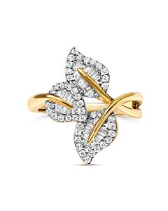 Haus of Brilliance 18K Yellow Gold Plated .925 Sterling Silver 1/2 Ct Baguette & Round Diamond Bypass Triple Leaf Ring