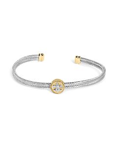 Haus of Brilliance 18K Yellow Gold Plated .925 Sterling Silver Diamond Accent & Fleur Di Lis Medallion Bangle Bracelet