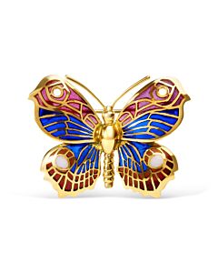 Haus of Brilliance 18K Yellow Gold Red, Blue, and White Enameled Butterfly Brooch Pin