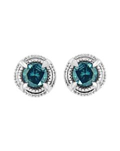 Haus of Brilliance .925 Sterling Silver 1 1/2 cttw Treated Blue Diamond Modern 4-Prong Solitaire Milgrain Stud Earrings