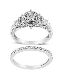 Haus of Brilliance .925 Sterling Silver 1/3 Cttw Diamond 7 Stone Cluster and Halo Engagement Ring and Wedding Band Set (I-J Color, I1-I2 Clarity)