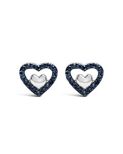 Haus of Brilliance 925 Sterling Silver 1/6 Cttw Blue Diamond Open Double Heart Stud Earrings (Treated Blue Color, I3 Clarity)