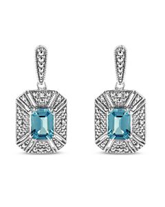 Haus of Brilliance .925 Sterling Silver 7x5MM Emerald Shape Blue Topaz Accent Art Deco Halo Style Drop and Dangle Earring
