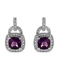 Haus of Brilliance .925 Sterling Silver 8MM Natural Cushion Shaped Amethyst,Accent Halo with Push Back Dangle Earrings