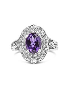 Haus of Brilliance .925 Sterling Silver 9x7mm Oval Purple Amethyst and Diamond Accent Art Deco Style Cocktail Ring (I-J Color, I1-I2 Clarity)