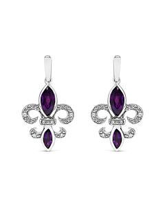 Haus of Brilliance .925 Sterling Silver Marquise Cut Amethyst and Diamond Accent Fleur De Lis Dangle Stud Earrings (H-I Color, SI1-SI2 Clarity)