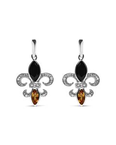 Haus of Brilliance .925 Sterling Silver Marquise Cut Onyx and Citrine with Diamond Accent Fleur De Lis Drop Stud Earrings (H-I Color, SI1-SI2 Clarity)