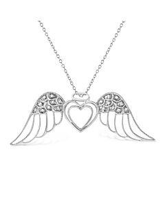 Haus of Brilliance .925 Sterling Silver Pave-Set Diamond Accent Angel Wing 18" Double Heart Pendant Necklace (I-J Color, I1-I2 Clarity)