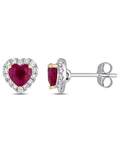 AMOUR Heart Shape Ruby and 1/3 CT TW Diamond Halo Stud Earrings In 14K White Gold with Yellow Gold Prongs