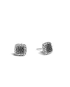 John Hardy Classic Chain 9.5 MM Silver Square Stud Earrings With Black Sapphire