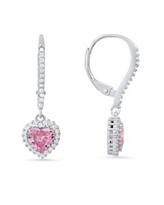 Kylie Harper Sterling Silver Heart-cut Pink Sapphire CZ Birthstone Halo Leverback Earrings