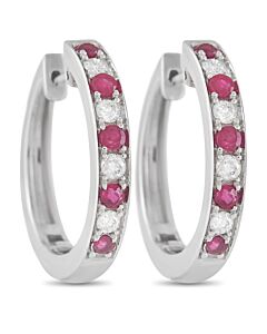 LB Exclusive 14K White Gold 0.25 ct Diamond and 0.42 ct Ruby Hoop Earrings