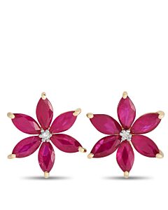 LB Exclusive 14K Yellow Gold 0.01ct Diamond and Ruby Flower Earrings ER4 15657YRU
