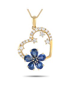 LB Exclusive 14K Yellow Gold 0.20ct Diamond and Sapphire Heart and Flower Pendant Necklace PH4 10098YSA