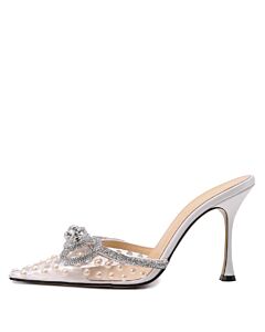 Mach & Mach Transparent In Silver Double Crystal Bow 65 Pointed Toe Mules