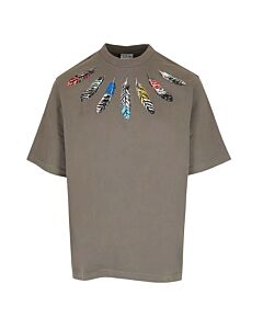 Marcelo Burlon Men's Army Grey Feather Detail Cotton T-Shirt