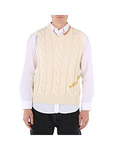 Marni Men's Natural White V-Neck Cable Knit Sweater, Brand Size 48 (US Size 38)