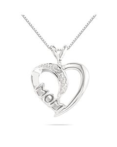 maulijewels 0.005 Carat Natural Diamond Mom Heart Pendant For Woman Crafted In 10k White Gold With 18" Sterling Silver Box Chain