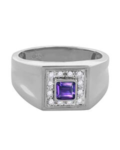 Maulijewels 0.25 Carat 4mm Square Amethyst Gemstone with 0.12 Carat Round Natural Diamond Halo Ring For Men Crafted In 10k White Gold