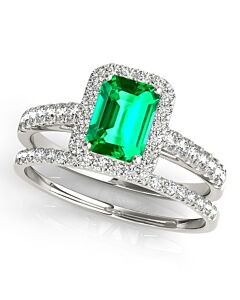 Maulijewels 0.85 Carat Emerald Cut Emerald And Diamond Bridal Set Ring in 10K White Gold