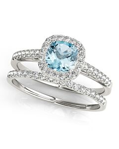Maulijewels 1.25 Carat Cushion Cut Aquamarine And Diamond Bridal Set Ring in 10K White Gold