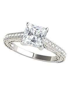 Maulijewels 1.50 Carat Princess Cut Moissanite And Natural Round White Diamond Engagement Womens Rings In 10K White Gold