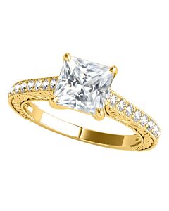 Maulijewels 1.50 Carat Princess Cut Moissanite And Natural Round White Diamond Engagement Womens Rings In 10K Yellow Gold