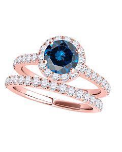 Maulijewels 1.60 Carat Blue & White Halo Diamond Bridal Set Engagement Ring For Women In 18K Solid Rose Gold