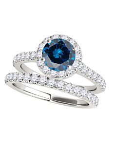 Maulijewels 1.60 Carat Blue & White Halo Diamond Bridal Set Engagement Ring For Women In 18K Solid White Gold