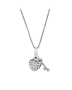 Maulijewels 10K White Gold 0.15 Carat Diamond Heart and Key Pendant with 18" 925 Sterling Silver Box Chain