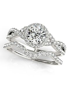 Maulijewels 14K Solid White Gold Halo Diamond Engagement Bridal Ring Set with 0.50 Carat diamonds